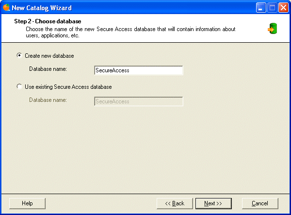 New Catalog Wizard - Step 2 - choose name of the new database.