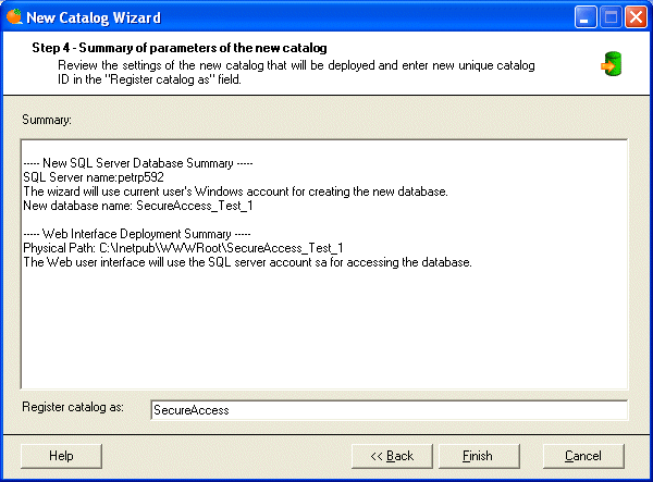New Catalog Wizard - Summary of parameters of the new catalog.