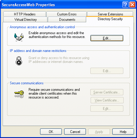 Viewing authentication settings of the virtual directory.