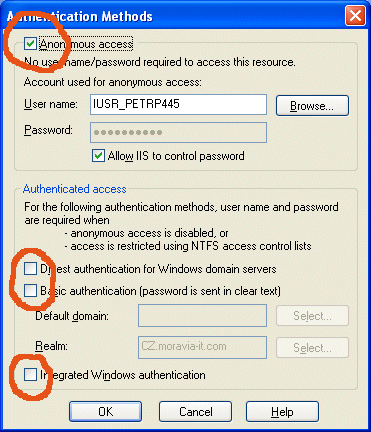 Authentication settings of the Internet Information Services