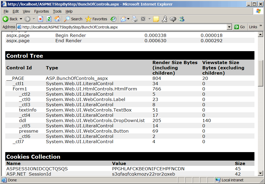 Figure 3-4 The ASP.NET page's control tree shown in the page trace.