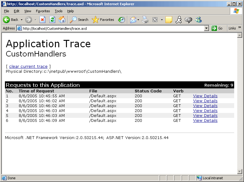Figure 18-1 The output of the Trace.axd handler.